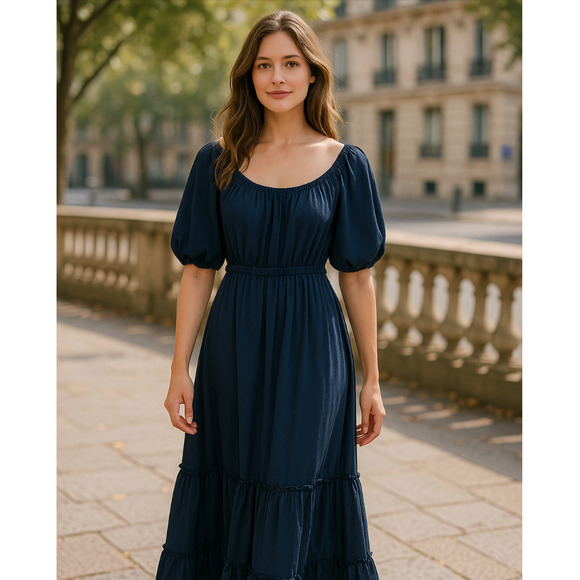 New Karen Kane Berry Blue Puff Sleeve Midi Dress Size Small Navy USA Made - Picture 1 of 16